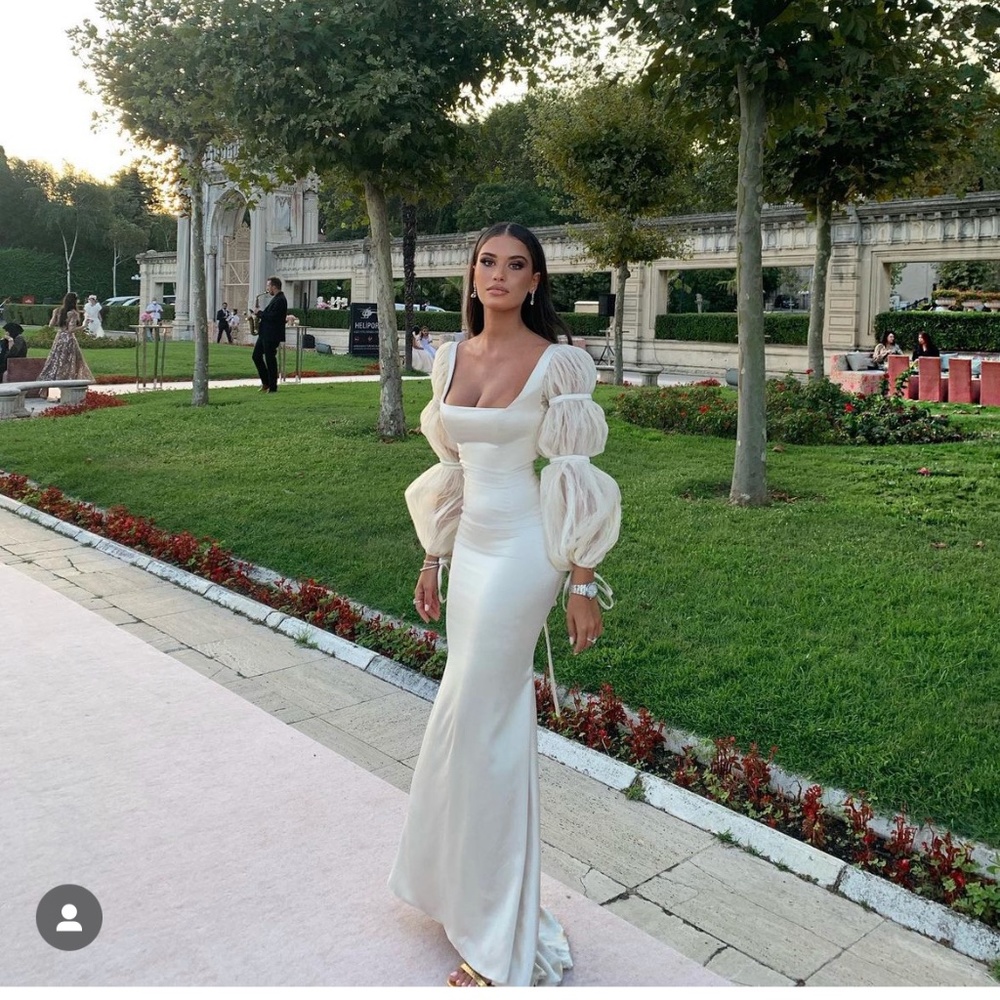 Darine Amer puff sleeves bridal maxi satin dress